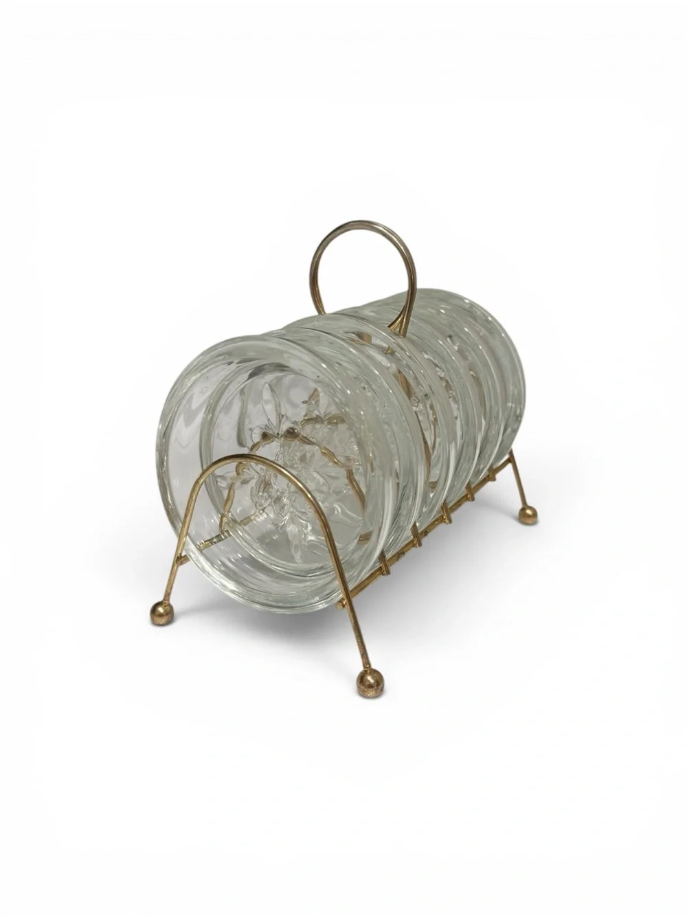 Vintage Mid‑Century Modern Glass Coasters & Brass Caddy – Fleur‑de‑Lis Set of 6